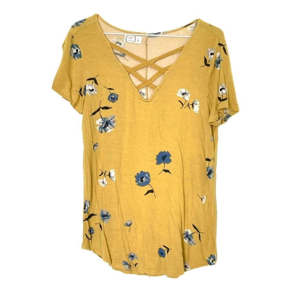 Maurices 24/7 floral short sleeve shirt golden yellow v-neck size medium
